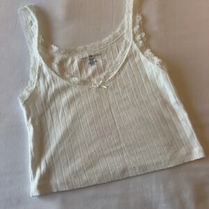 Brandy‎ Melville White Pointelle Lace Trim Bow Tank Top Cami One Size